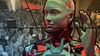In a composite image, a humanoid robot is overlaid on the scene of a protest with American flags waving.