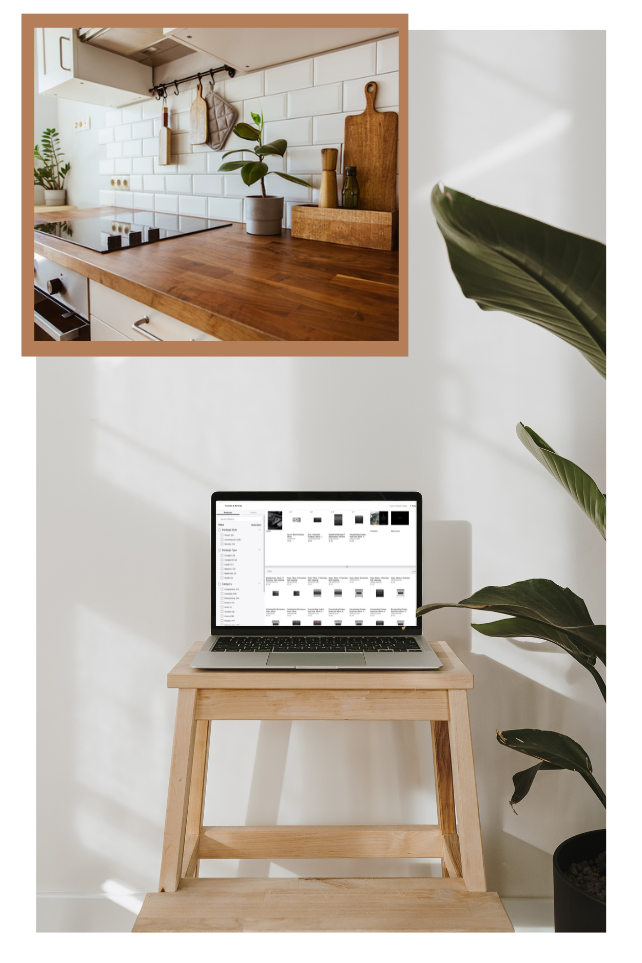 tall kitchen graphic Laptop on stool with appliance package builder and decorative photo of kitchen counter